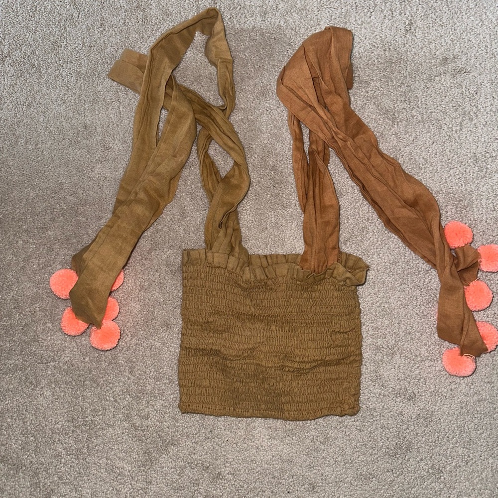 Sundress Tan Crop Top with Pink Poms